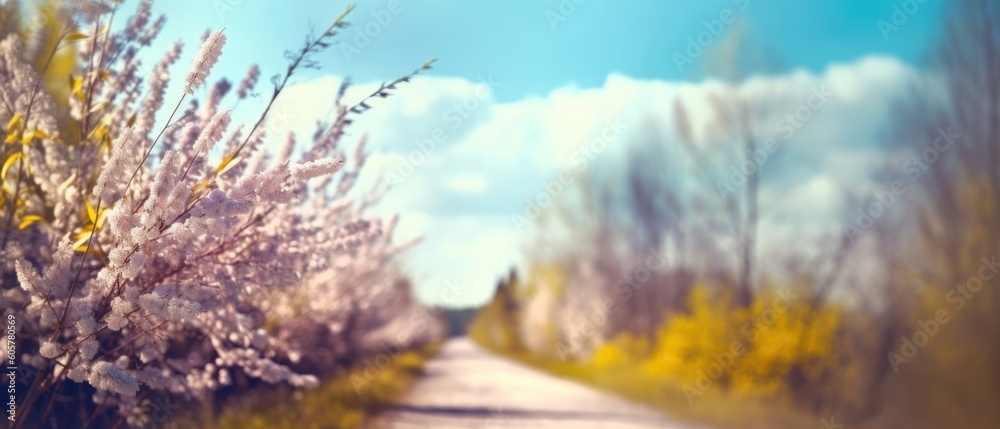 Defocused spring landscape. Beautiful nature with flowering willow branches and forest road against blue sky with clouds, soft focus. Ultra wide format