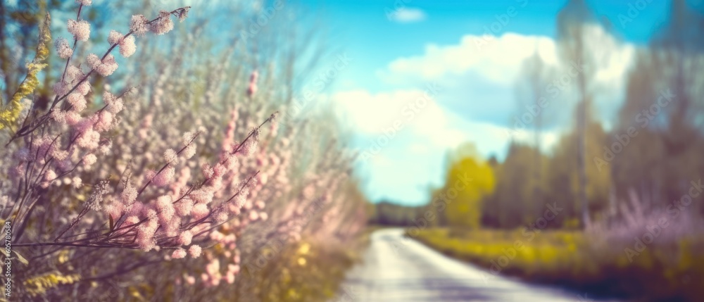 Defocused spring landscape. Beautiful nature with flowering willow branches and forest road against blue sky with clouds, soft focus. Ultra wide format