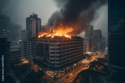 Big fire in city. Burning buildings with fire and smoke. Generative AI illustration