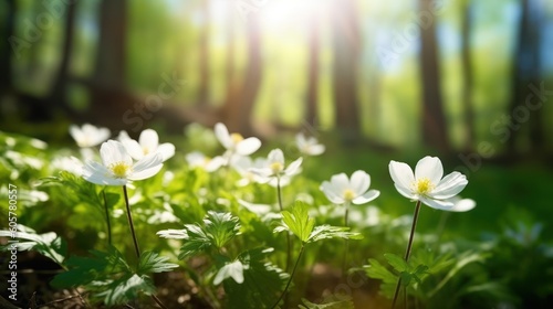 Fototapeta Naklejka Na Ścianę i Meble -  Beautiful white flowers of anemones in spring in a forest close-up in sunlight in nature. Spring forest landscape with flowering primroses