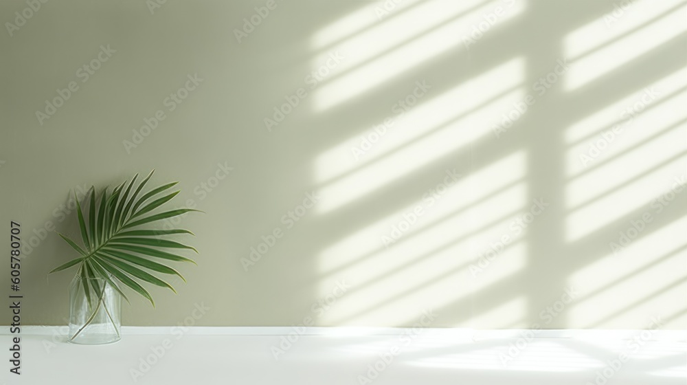 Minimalistic light background with blurred foliage shadow and plant on a light wall. Beautiful background for presentation