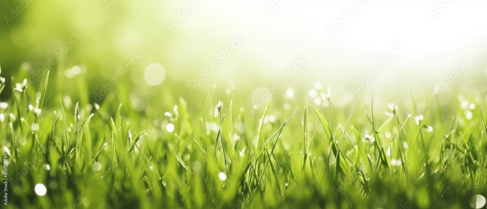Natural background with young juicy green grass in sunlight with beautiful bokeh. Summer spring panorama banner