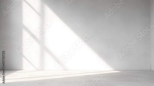 Minimal abstract light gray background for product presentation. Shadow and light from windows on plaster wall