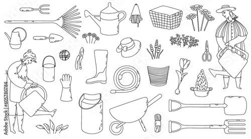 Young lady with watering can. Gardening hobby. Vector outline Illustration