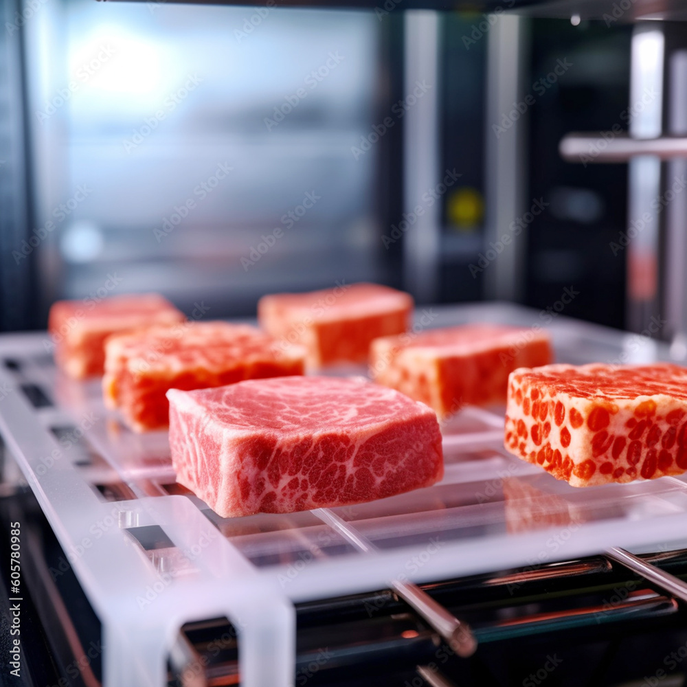 
Artificial meat is printed in a 3D printer.
Imitation of meat production through meat printing technology. Generative AI
