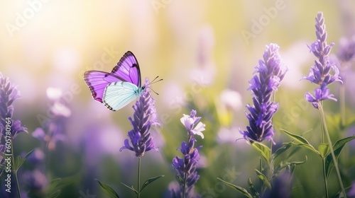 Purple butterfly on lavender fields grass in rays of sunlight, macro. Spring summer fresh artistic image of beauty morning nature. Selective soft focus