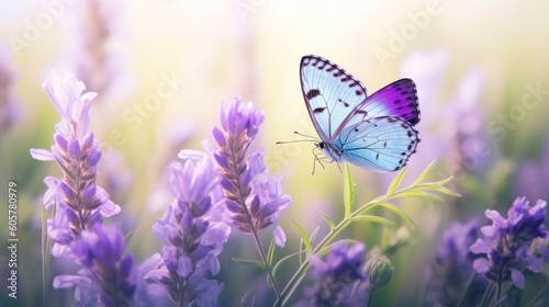 Purple butterfly on lavender fields grass in rays of sunlight, macro. Spring summer fresh artistic image of beauty morning nature. Selective soft focus