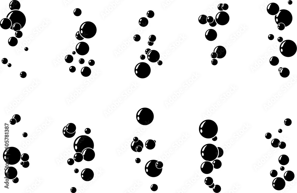 Underwater air bubbles decoration elements. Fizzy water or soap foam texture. Vector isolated silhouette design element. Vertical streams icons. Underwater air bubbles decoration elements. Fizzy water or soap foam texture. Vector isolated silhouette design element. Vertical streams icons.