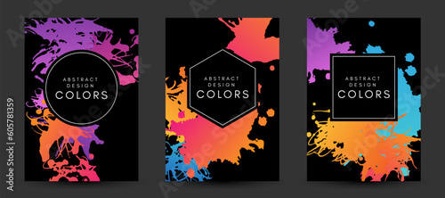 Colorful artistic poaters with paint splash decoration elements.  Abstract creative design. Backgrounds collection with hand drawn texture.