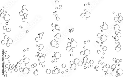 Underwater air bubbles decoration elements. Fizzy water or soap foam texture. Vector isolated outline design element. Horizontal border with streams