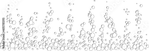 Underwater air bubbles  decoration elements. Fizzy water or soap foam texture. Vector isolated outline design element. Horizontal lower border with streams
