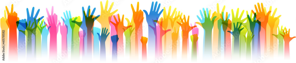 Fototapeta premium Hands up silhouettes, horizontal border. Decoration element from rainbow raised hands. Conceptual illustration for festivals, concerts, social public communities, education or volunteering.