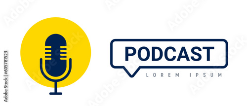 Podcast mic icon symbol logo microphone talk audio. Music radio tech podcast logo label sound studio vector icon.