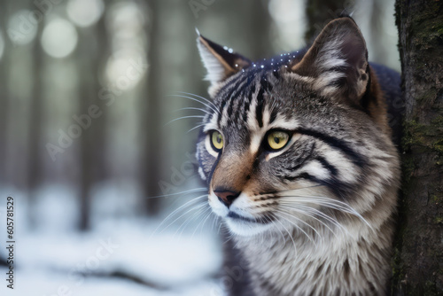 Digital photo of a wild cat (manul) in winter coniferous forest on the snowy branches of a fir tree. Wildlife imagery, the concept of ecological environment. Generative AI © mikhailberkut