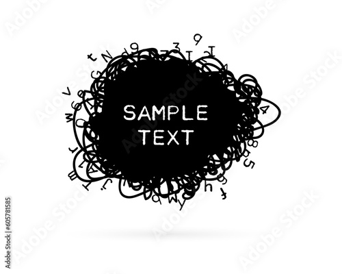 Text box with letters and scribbles. Black frame with copy space
