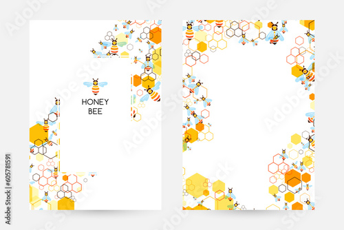 Honeycombs and bee. Design collection. Vector illustration