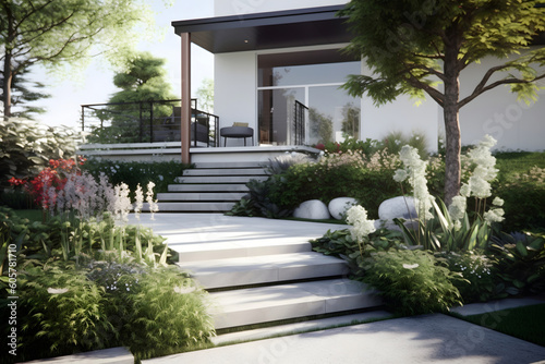 Beautiful modern garden nature - Landscaper design - Generative AI © Orkidia