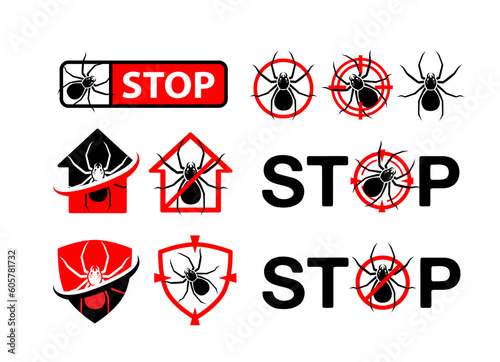 Pest control badges set. Design elements, labels and stickers, danger and stop signs with spider silhouette