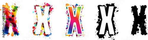 X letters with rainbow and black paint splash decorative elements. Colorful X letter emblems collection. Vector illustration in artistic style.