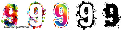 9 numbers with rainbow and black paint splash decorative elements. Colorful 9 number emblems collection. Vector illustration in artistic style.