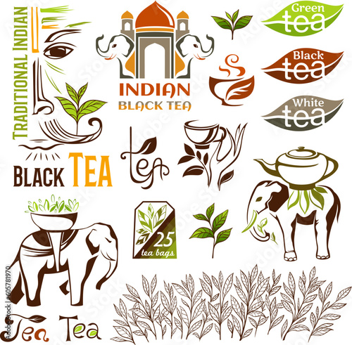 Indian, green and black tea logo collection.