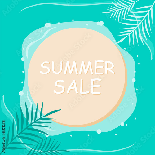 Vector illustration with place for text like a island inside the sea and tropical leaves. Summer illustration for summer sale  trip  vacation  travel agency  holidays. Card  banner  paper.