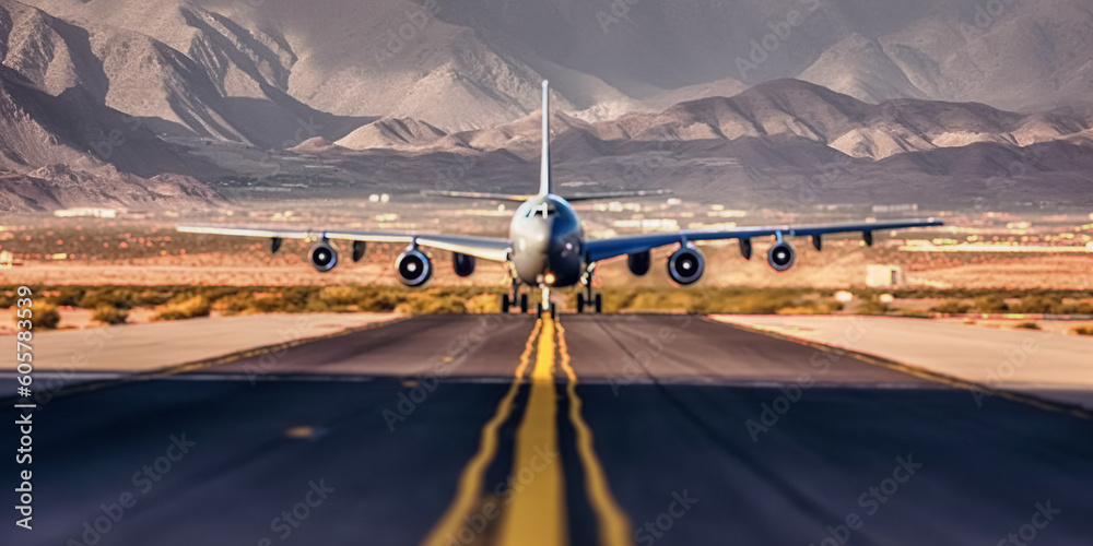 View of the runway of the airport, and a take off passenger aircraft against background the mountain system in clear weather - obrazy, fototapety, plakaty 