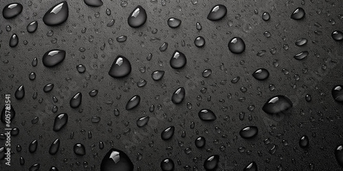 Water drops on a black leather surface. Close up water drops on black background. Abstract black wet texture with bubbles on plastic PVC surface or grunge. Realistic pure water droplets condensed. 