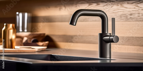 Black kitchen faucet with a white sink and green plant in a stylish modern kitchen. Water tap , faucet. Modern bathroom faucet