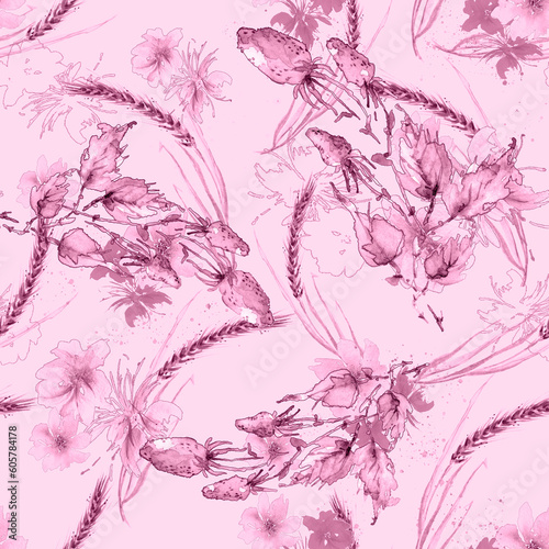 Wallpaper Mural Watercolor graphic flowers, berry strawberry. Field bouquet. fashion illustration. Orchid flowers, poppy, pansies,spikelet, field or garden flowers. Watercolor abstract. Seamless art background. Torontodigital.ca