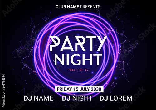 Dance music night poster background. Night club music concert DJ flyer vector design glow abstract banner event show techno electro house
