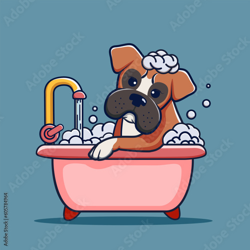 cute cartoon boxer dog taking bath