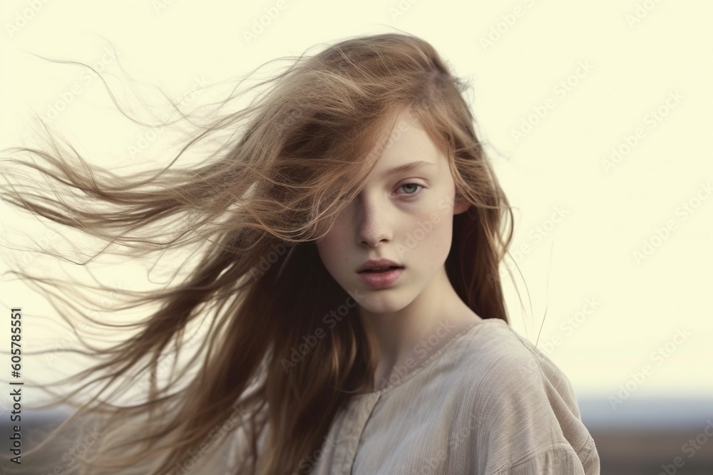 Fototapeta premium A model woman poses with her hair loose among the tall leaves. Ai generated.