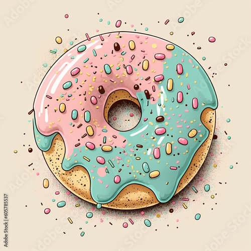 Cute, colorful and glossy donut with chocolate glaze and multicolored decoration.