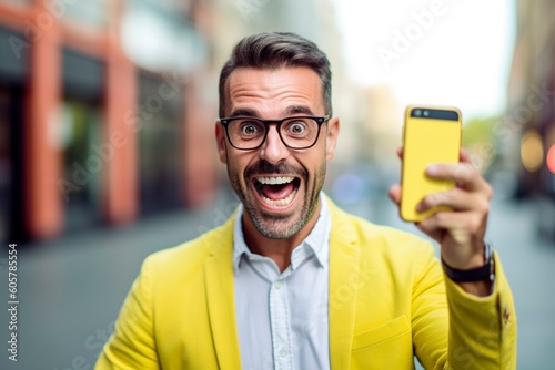 A man with a shocked face holds his phone, humor. Ai generated fictional person. photo