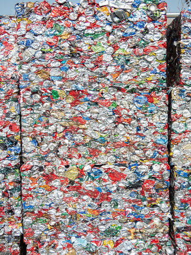 Crushed beverage cans in a recycling plant. Pattern. Recycling concept.