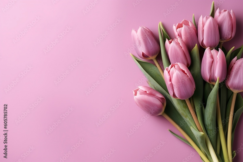 Flat pink background, with tulips in one corner, feminine design. Ai generated. Flat pink background, with tulips in one corner, feminine design. Ai generated.