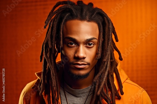 Jamaican man with dreadlocks in his hair posing in studio. Fictitious person generated by Ai. photo
