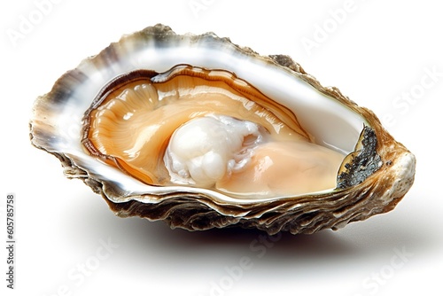 One open, live oyster, with pearls, isolated on white background. Ai generated.