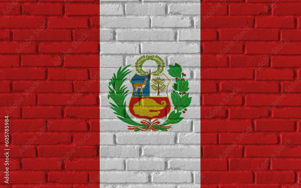 Peru country national flag painting on old brick textured wall with cracks and concrete concept 3d rendering image realistic background banner
