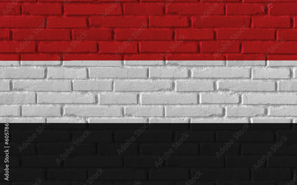 Yemen country national flag painting on old brick textured wall with cracks and concrete concept 3d rendering image realistic background banner Yemen country national flag painting on old brick textured wall with cracks and concrete concept 3d rendering image realistic background banner