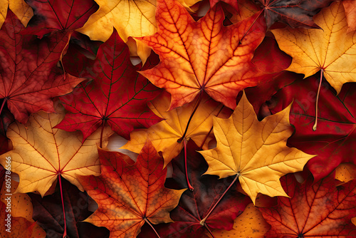 background of autumn leaves of various colors  red and orange. Ai generative