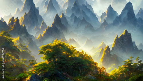 magical mystical mountain forest fantasy morning sunlight high dream world © DrewTraveler