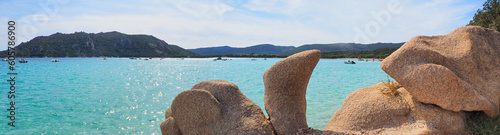 Panoramic view of the bay and Saint Cyprien beach near Porto-Vecchio, a famous port town dominated by its Genoese citadel, in Corsica (nicknamed the Island of Beauty)