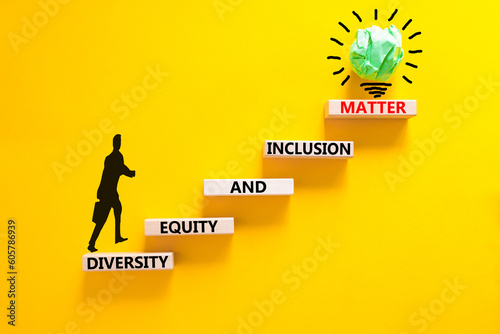 DEI Diversity equity inclusion matter symbol. Concept words DEI diversity equity and inclusion matter on wooden block. Beautiful yellow background. Business diversity equity inclusion matter concept. photo