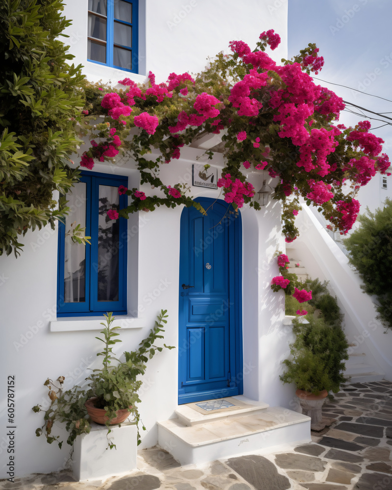 Fototapeta premium Mediterranean Delight: Captivating Greek House with White Walls, Blue Accents, and Blooming Pink Flowers