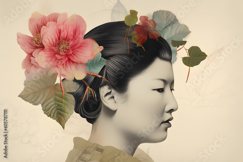 Beauty Asian woman head with abstract flowers creative surreal digital collage illustration. 