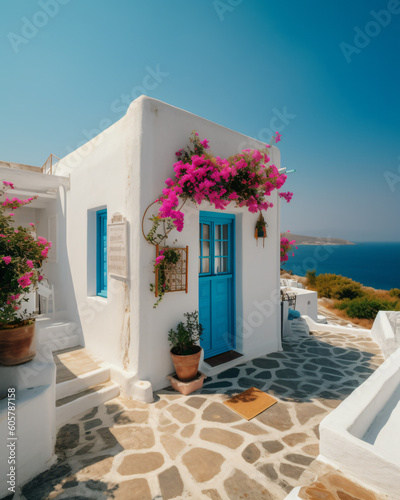 Mediterranean Delight: Captivating Greek House with White Walls, Blue Accents, and Blooming Pink Flowers