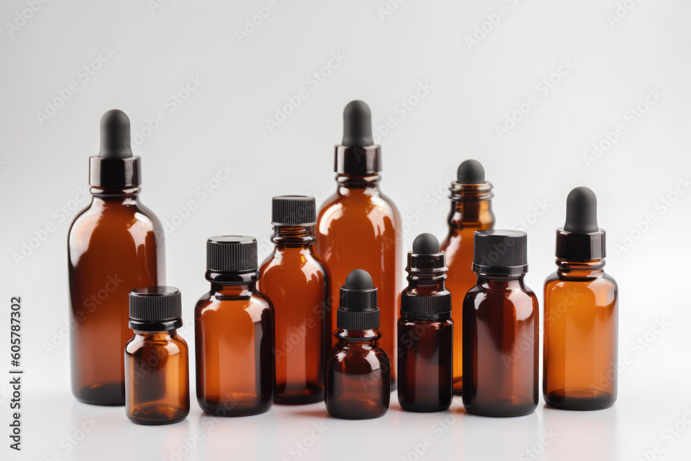 Various amber glass bottles for cosmetics, natural medicine , essential oils or other liquids isolated on a white background, top view