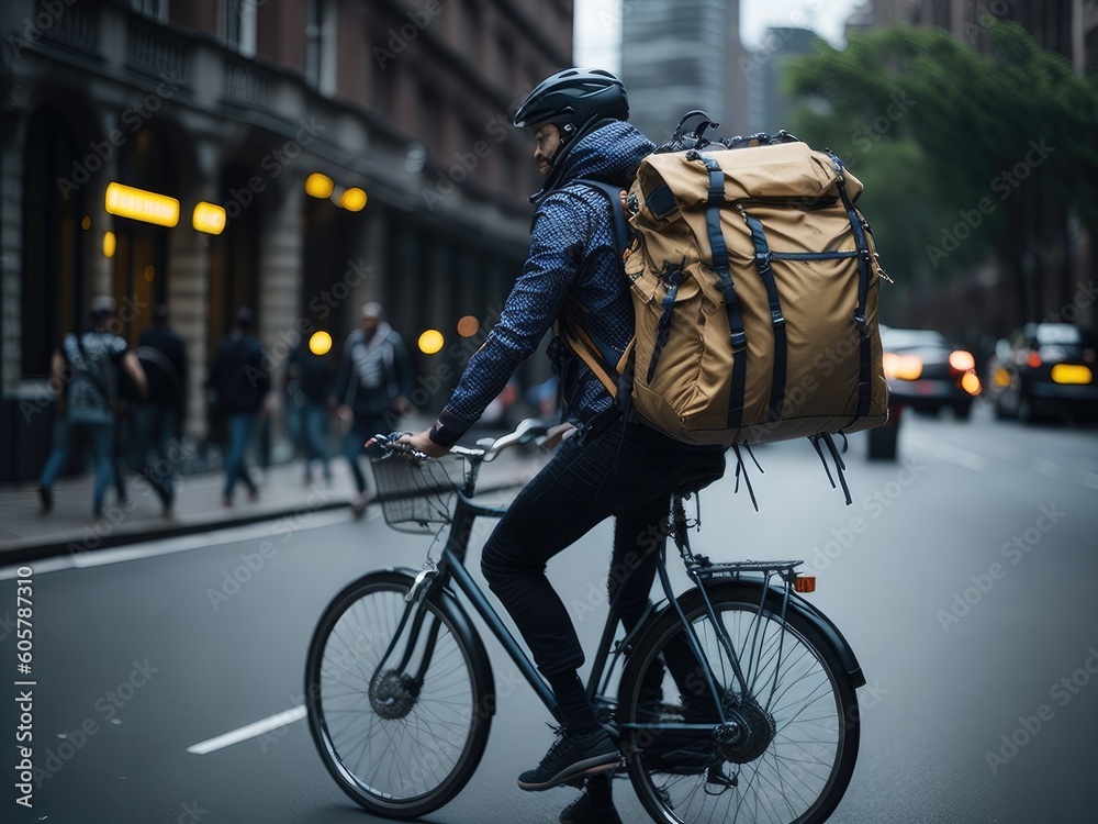 man with a food delivery bag riding a bicycle. ai generative man with a food delivery bag riding a bicycle. ai generative